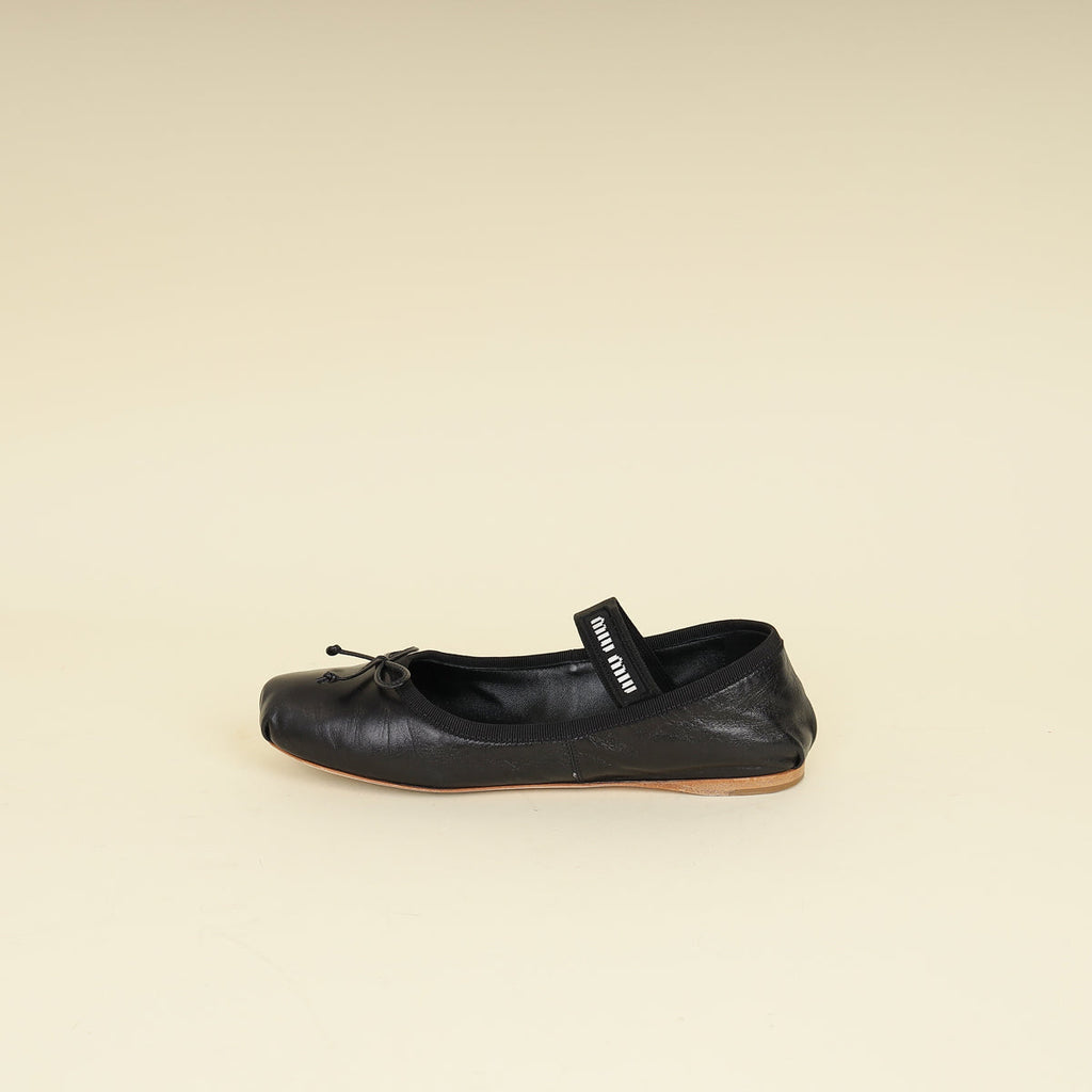 Miu Miu Black Ballerina w/Elastic Logo Strap 37.5