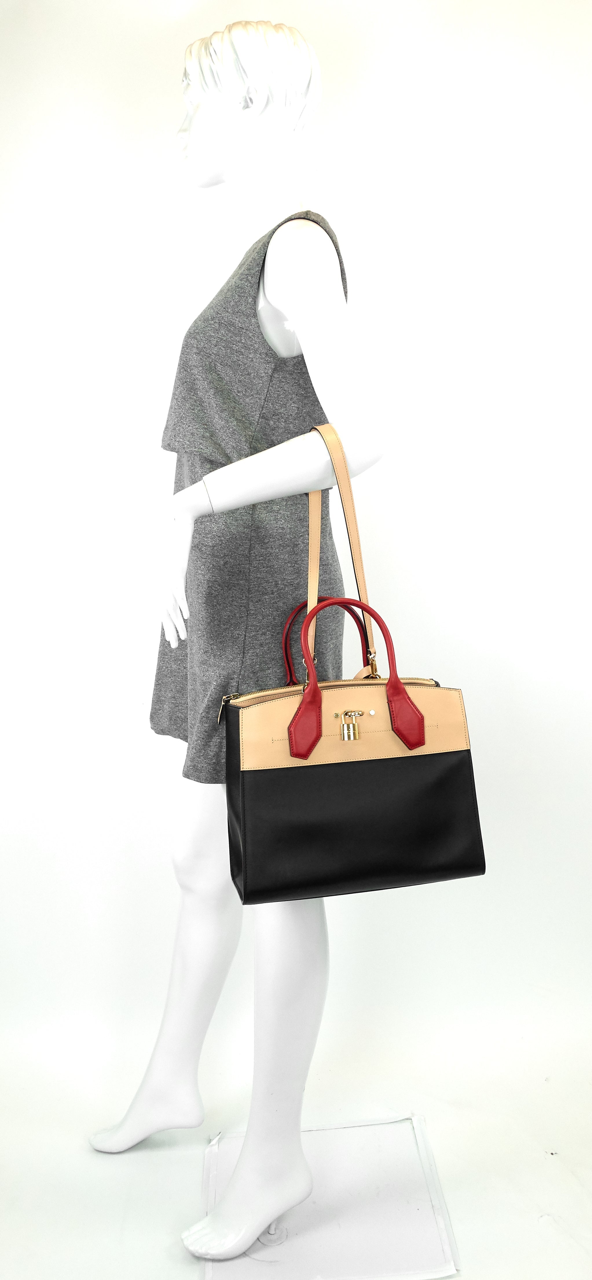 Louis Vuitto City Steamer MM Black Creme Bourgogne Calfskin Tote Bag