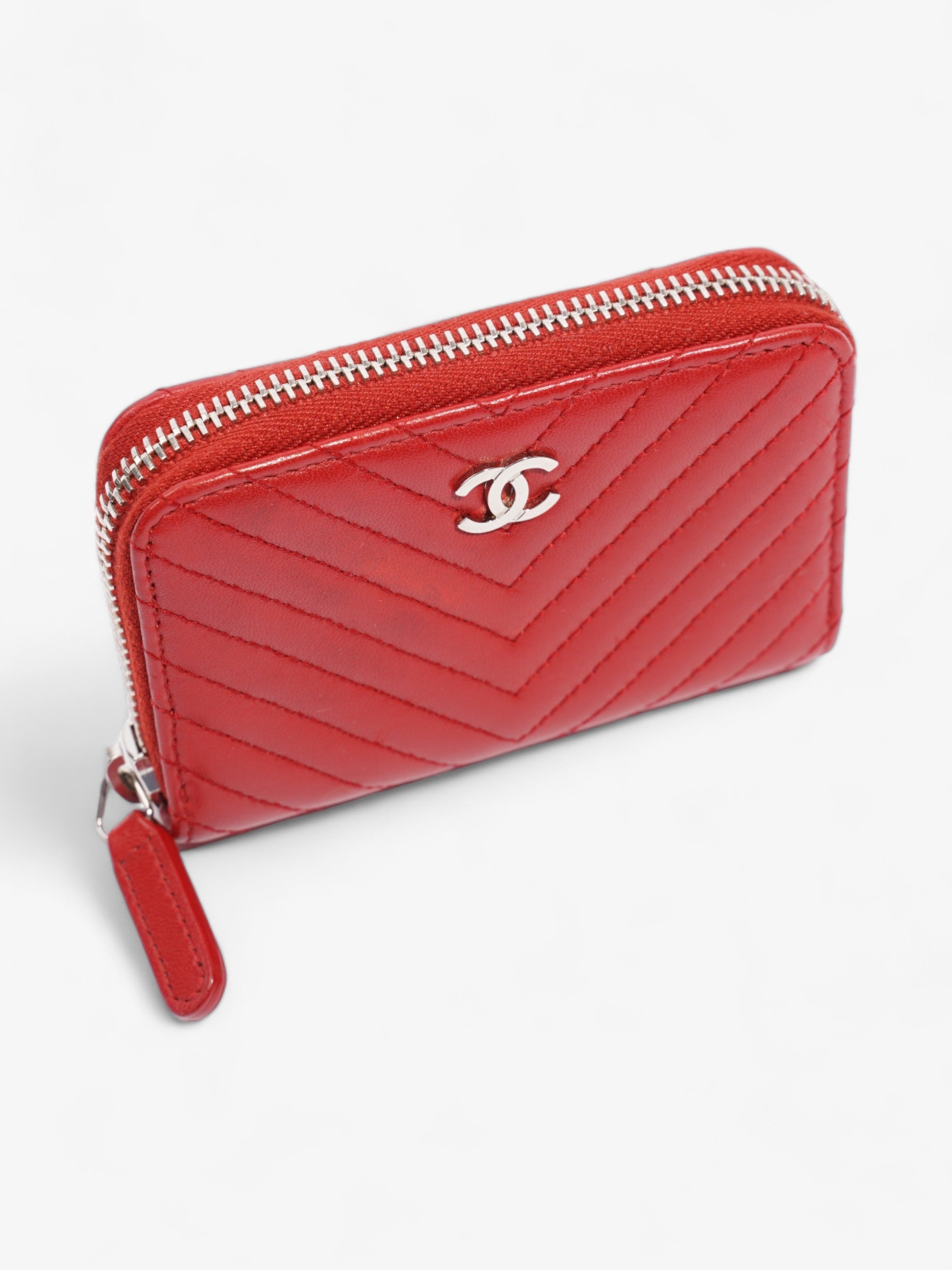 Chanel Zip Around Coin Purse Red Lambskin Leather