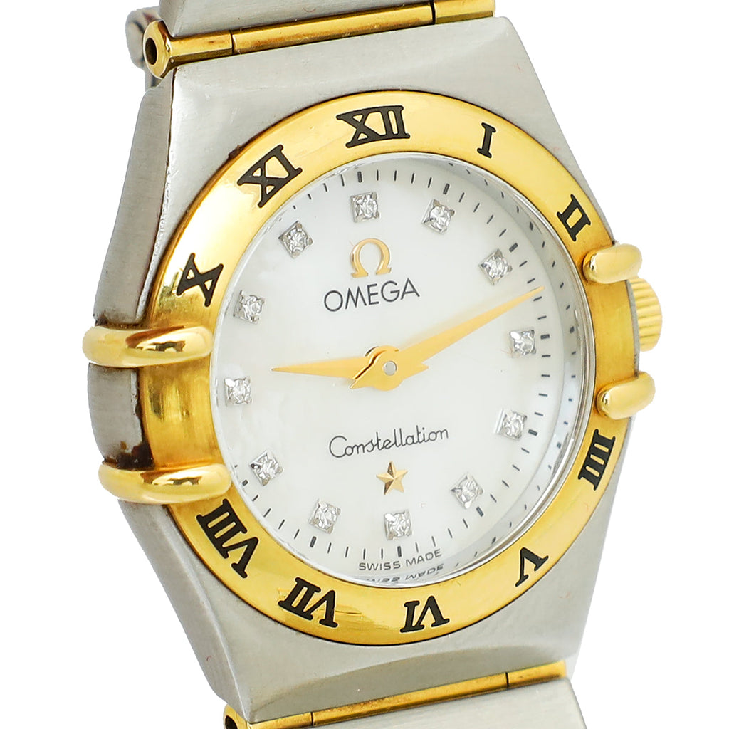 Omega 18K Yellow Gold Stainless Steel Diamond MOP Dial Constellation 22mm Quartz Watch