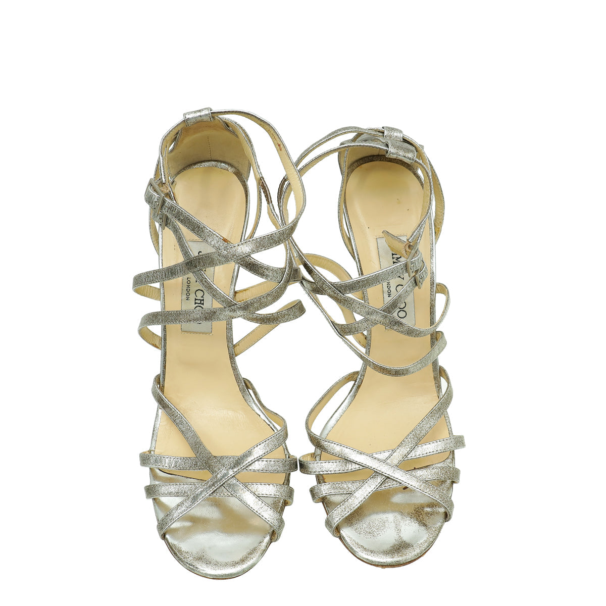 Jimmy Choo Metallic Silver Cross Ankle Strap Sandals 40