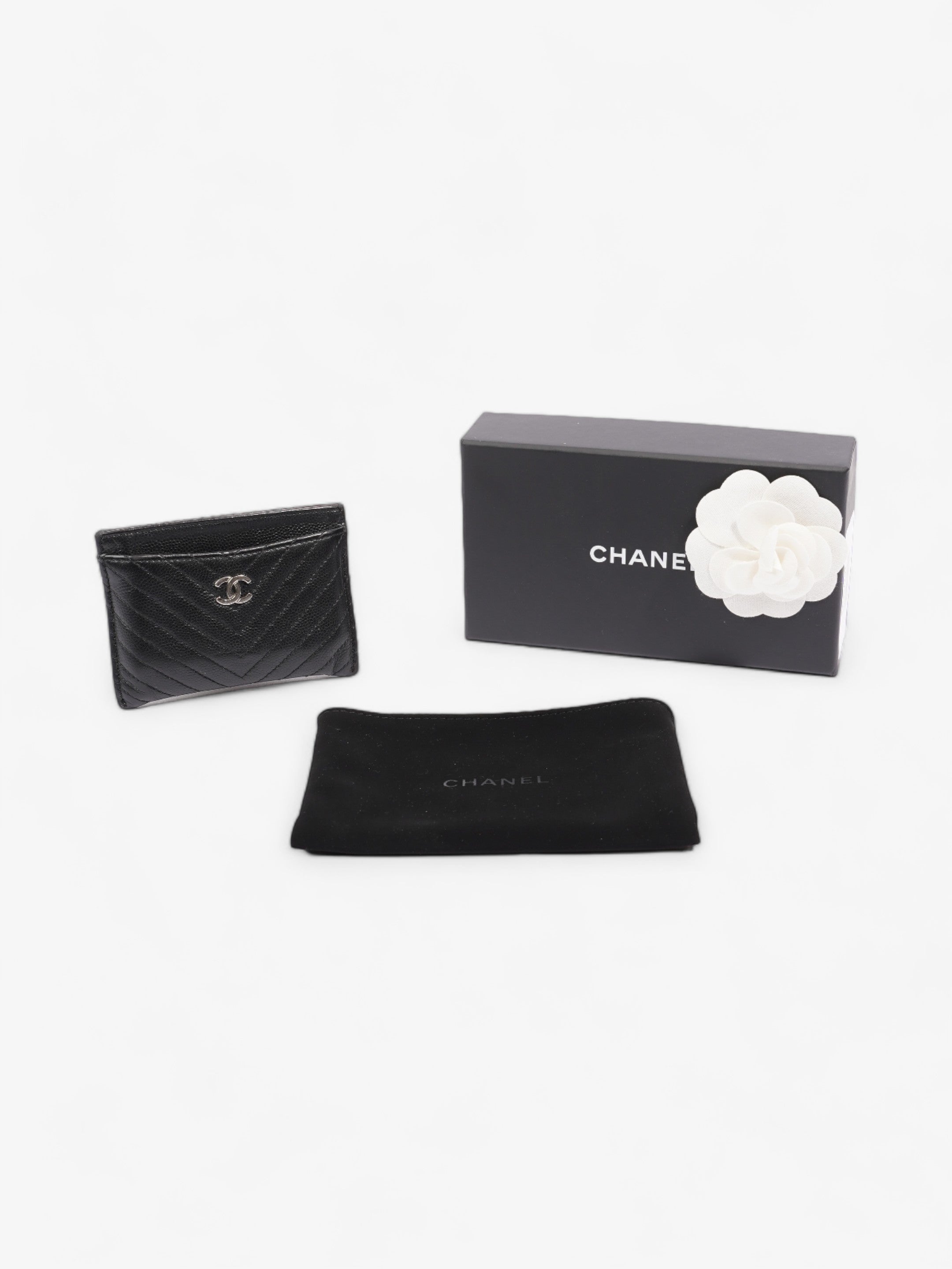 Chanel Chevron Card Holder Black Caviar Leather