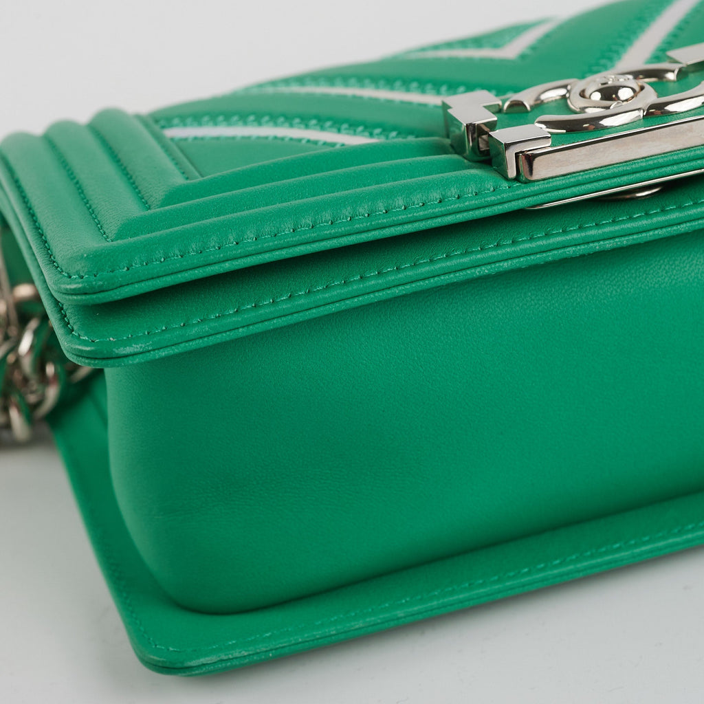 Chanel Chevron Boy Small Green With Holographic PVC