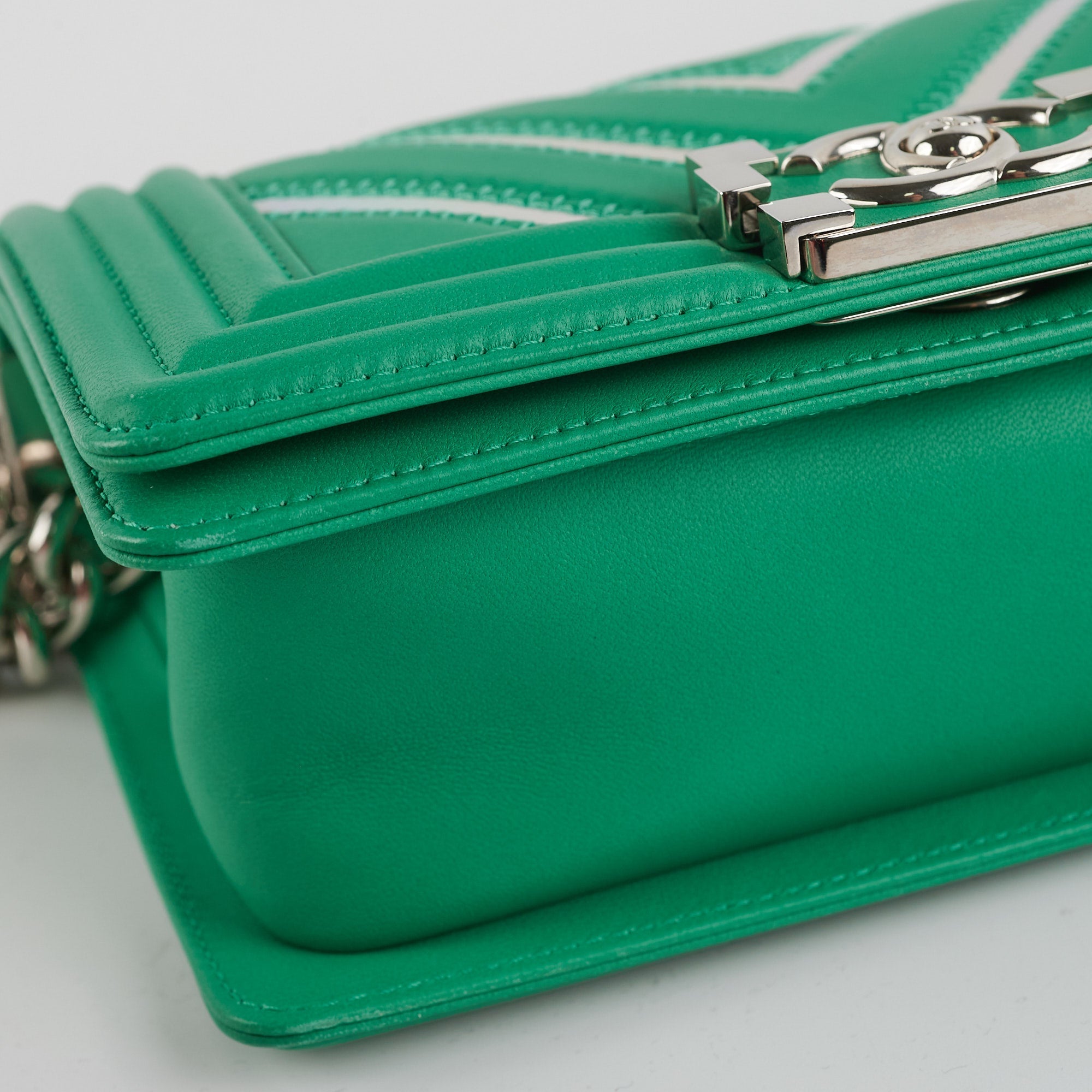 Chanel Chevron Boy Small Green With Holographic PVC