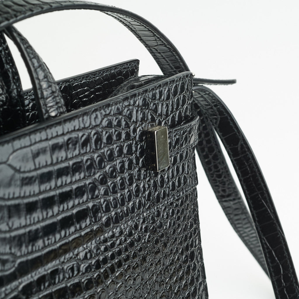 Saint Laurent Manhattan Shopper Embossed Croc Tote Black