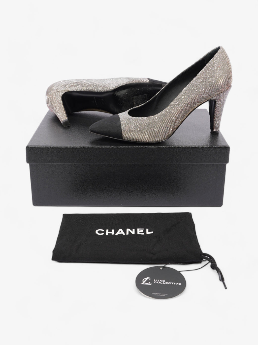 Chanel Pointed Cap Toe Pumps 70mm Black / Gold Canvas EU 36 UK 3