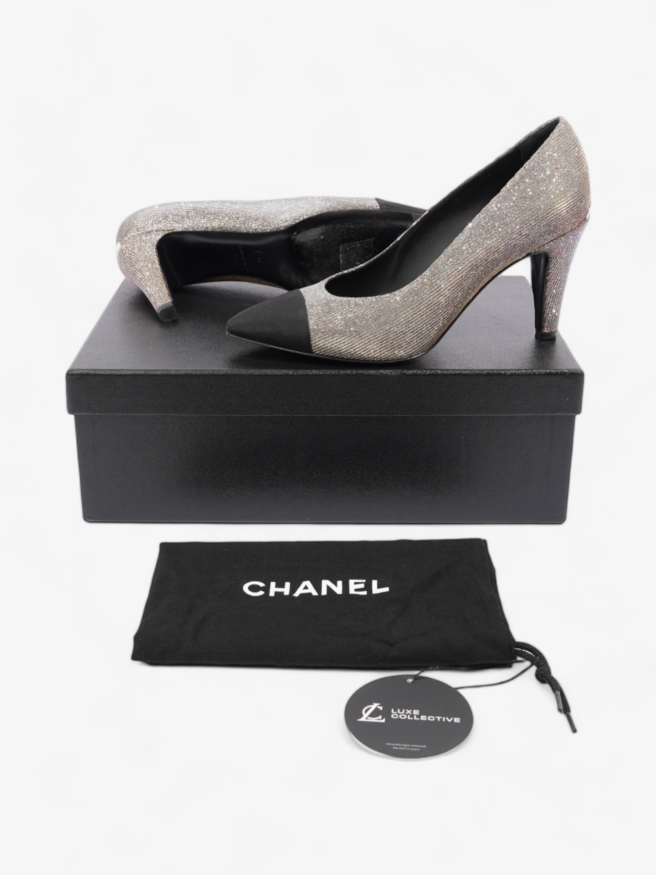 Chanel Pointed Cap Toe Pumps 70mm Black / Gold Canvas EU 36 UK 3