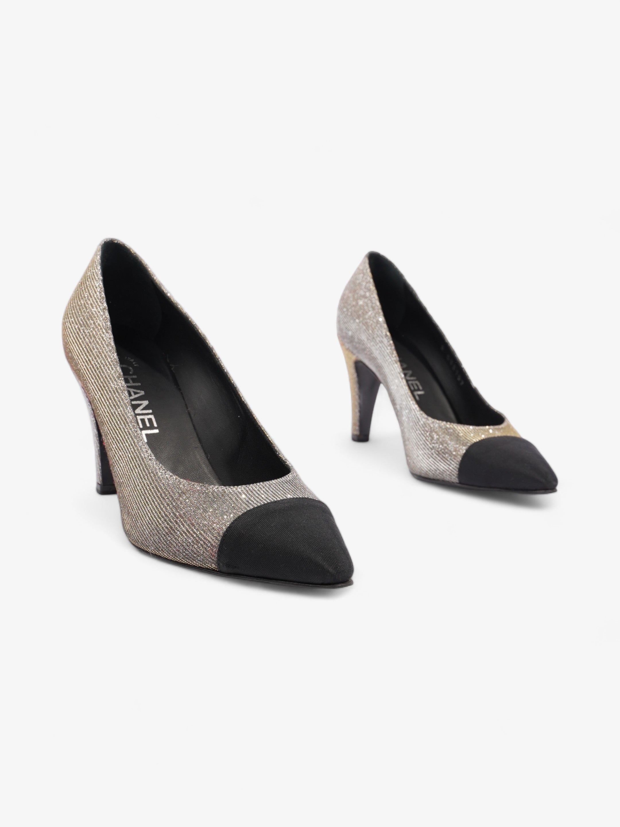 Chanel Pointed Cap Toe Pumps 70mm Black / Gold Canvas EU 36 UK 3