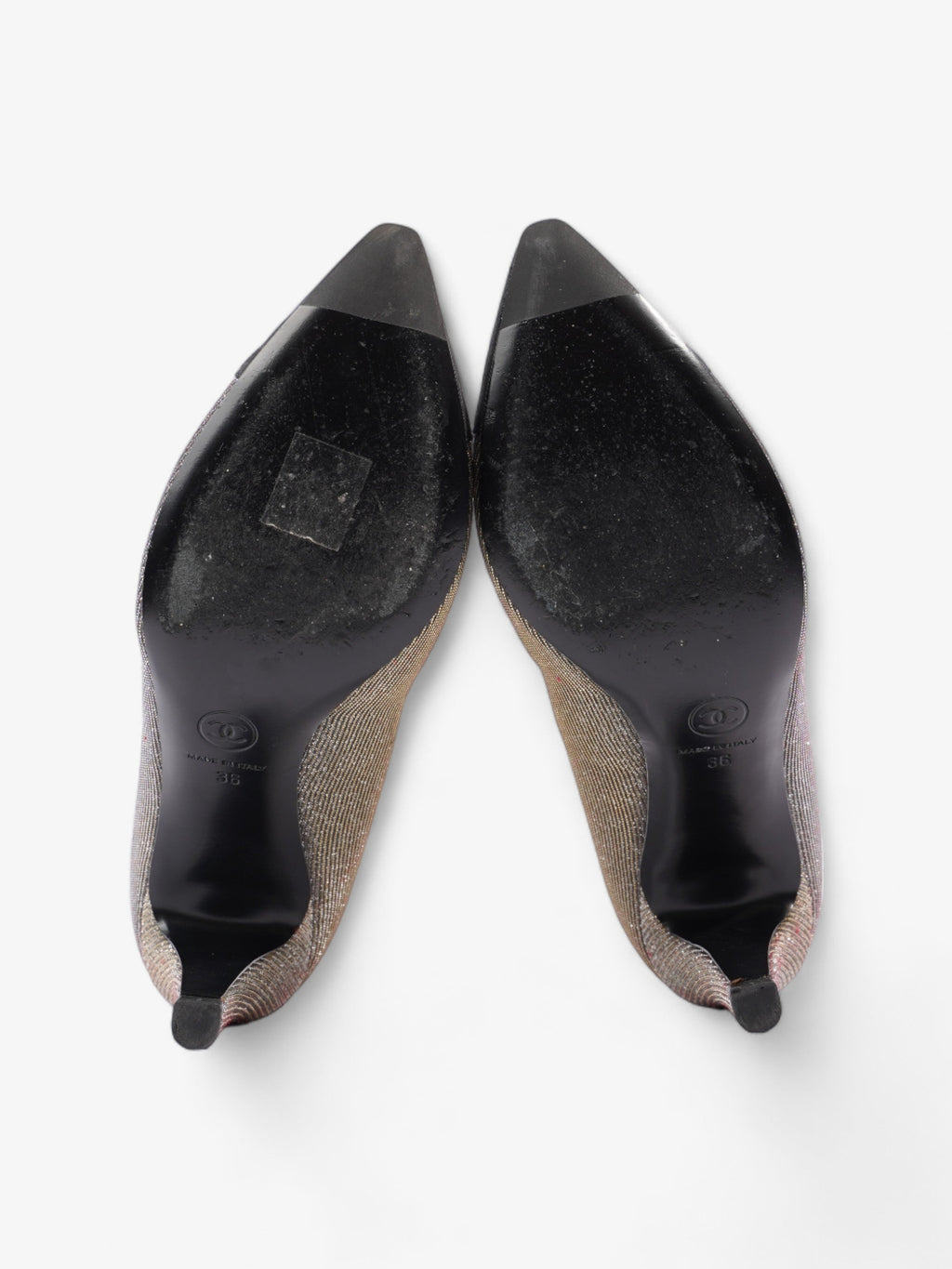 Chanel Pointed Cap Toe Pumps 70mm Black / Gold Canvas EU 36 UK 3
