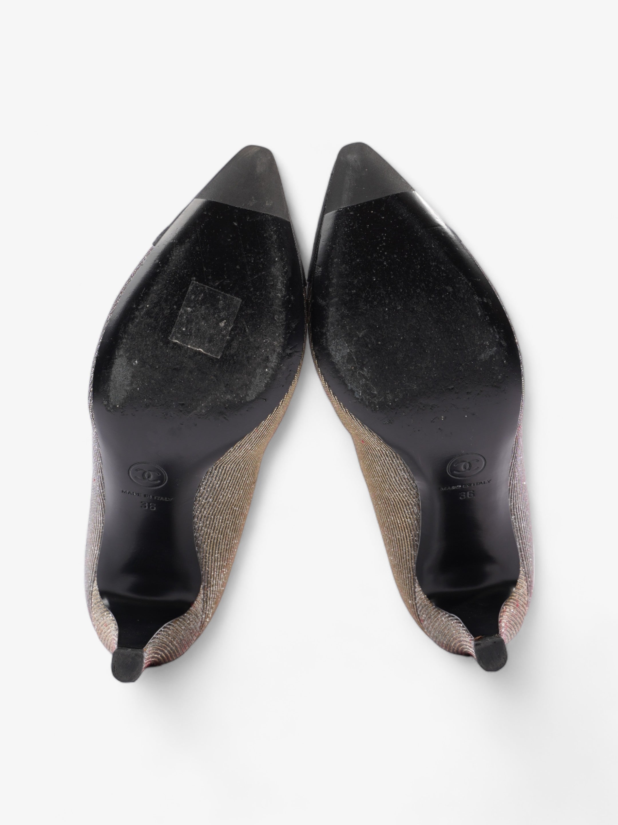 Chanel Pointed Cap Toe Pumps 70mm Black / Gold Canvas EU 36 UK 3
