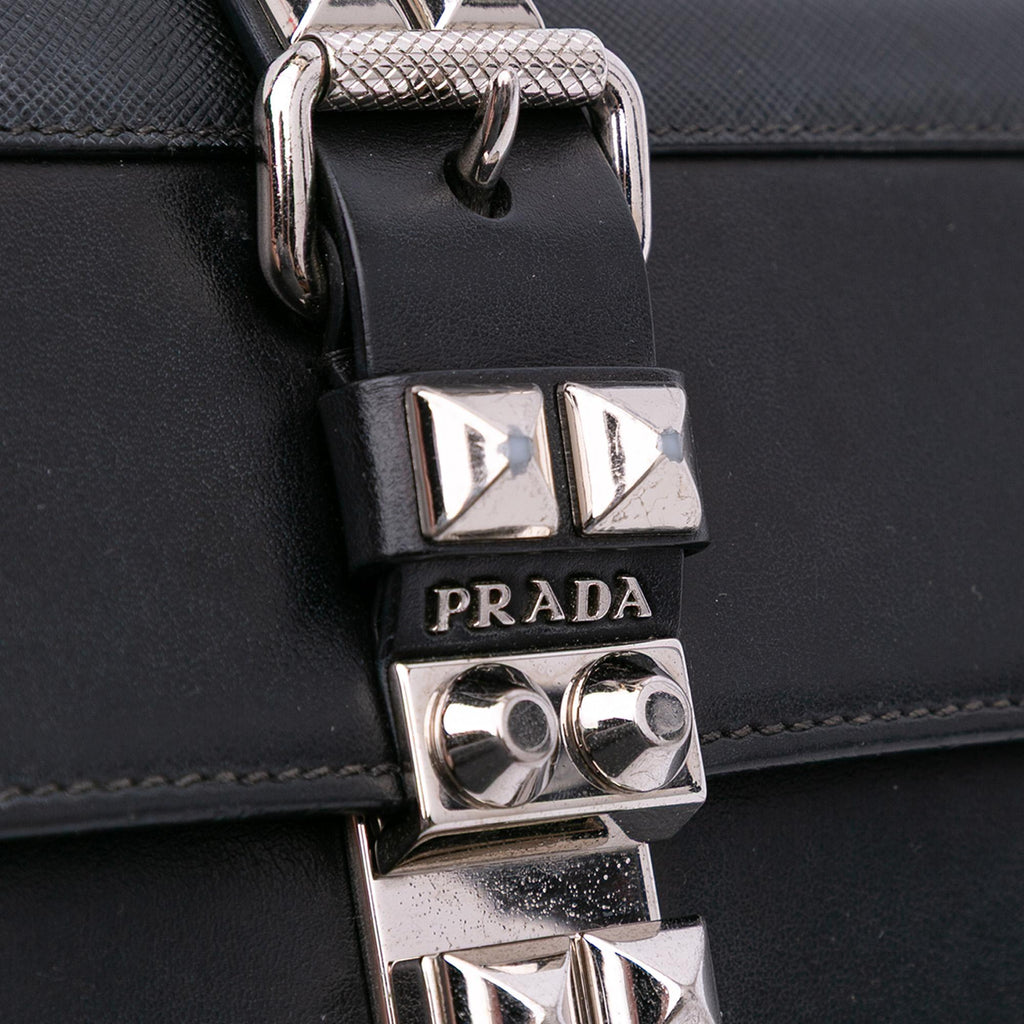 Prada City Calfskin and Saffiano Studded Elektra Clutch with Chain