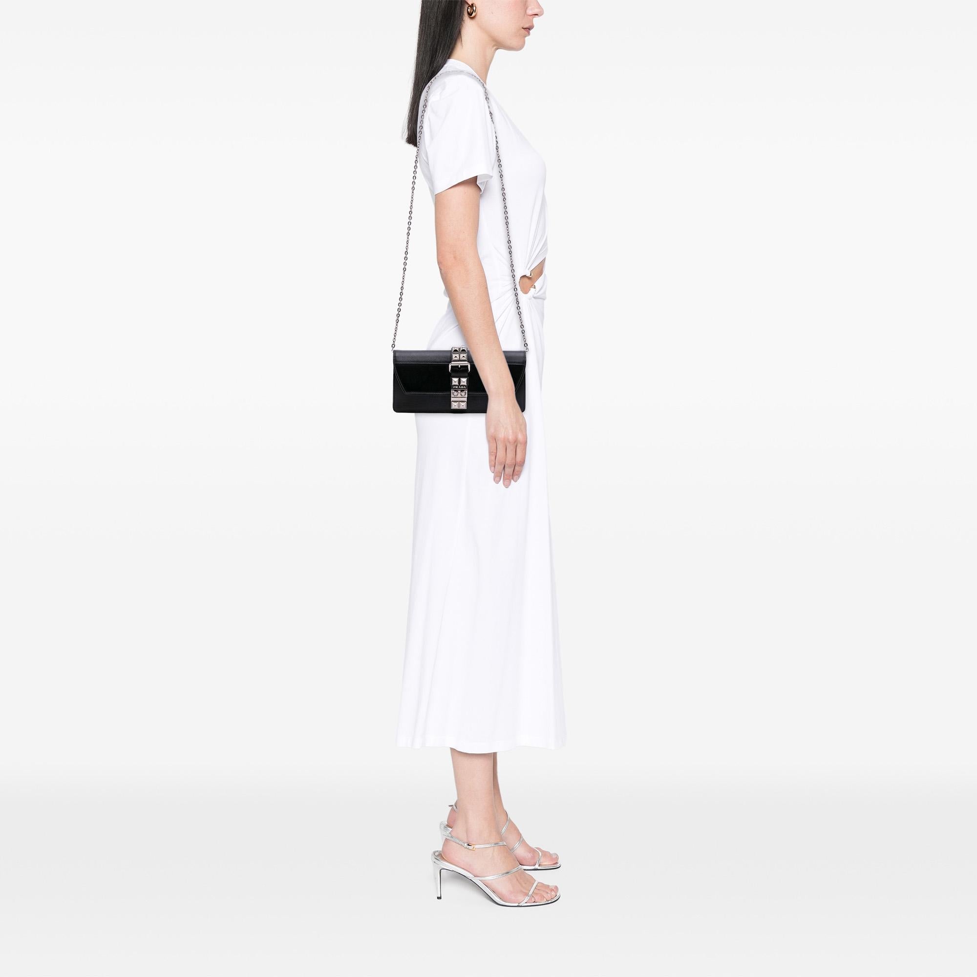 Prada City Calfskin and Saffiano Studded Elektra Clutch with Chain
