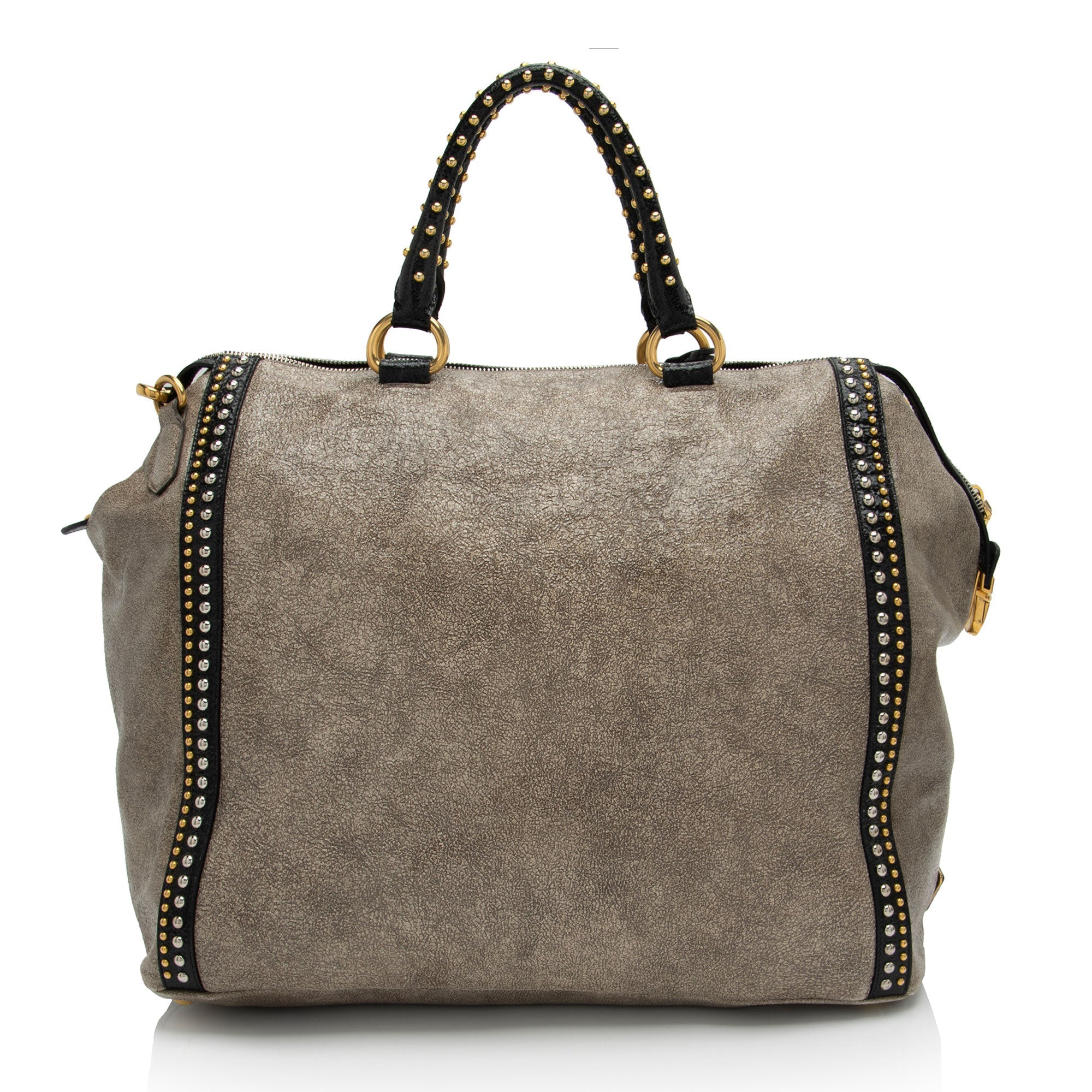 Prada Crackled Calfskin Studded Bauletto Satchel (SHF-hoMqXl)
