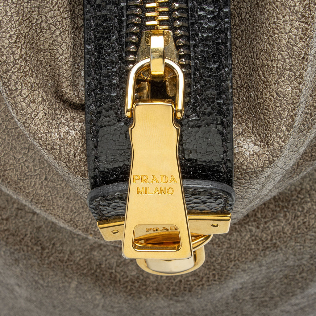 Prada Crackled Calfskin Studded Bauletto Satchel (SHF-hoMqXl)