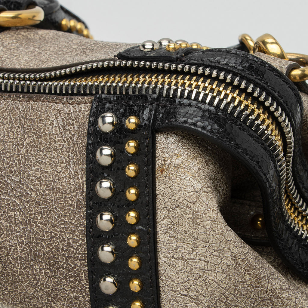 Prada Crackled Calfskin Studded Bauletto Satchel (SHF-hoMqXl)