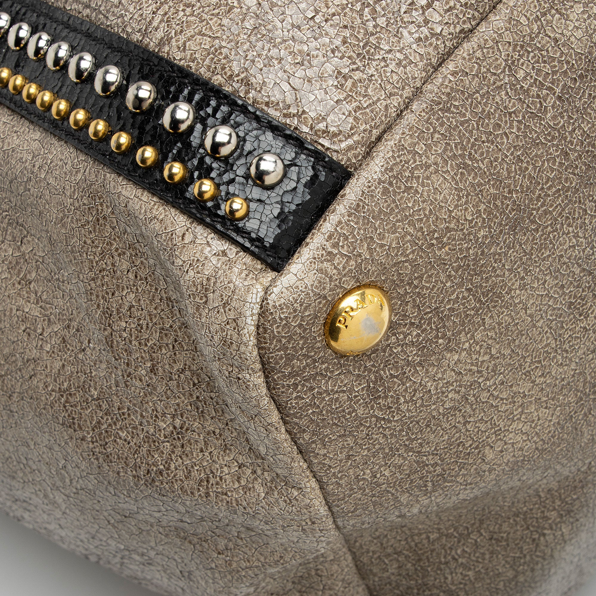 Prada Crackled Calfskin Studded Bauletto Satchel (SHF-hoMqXl)