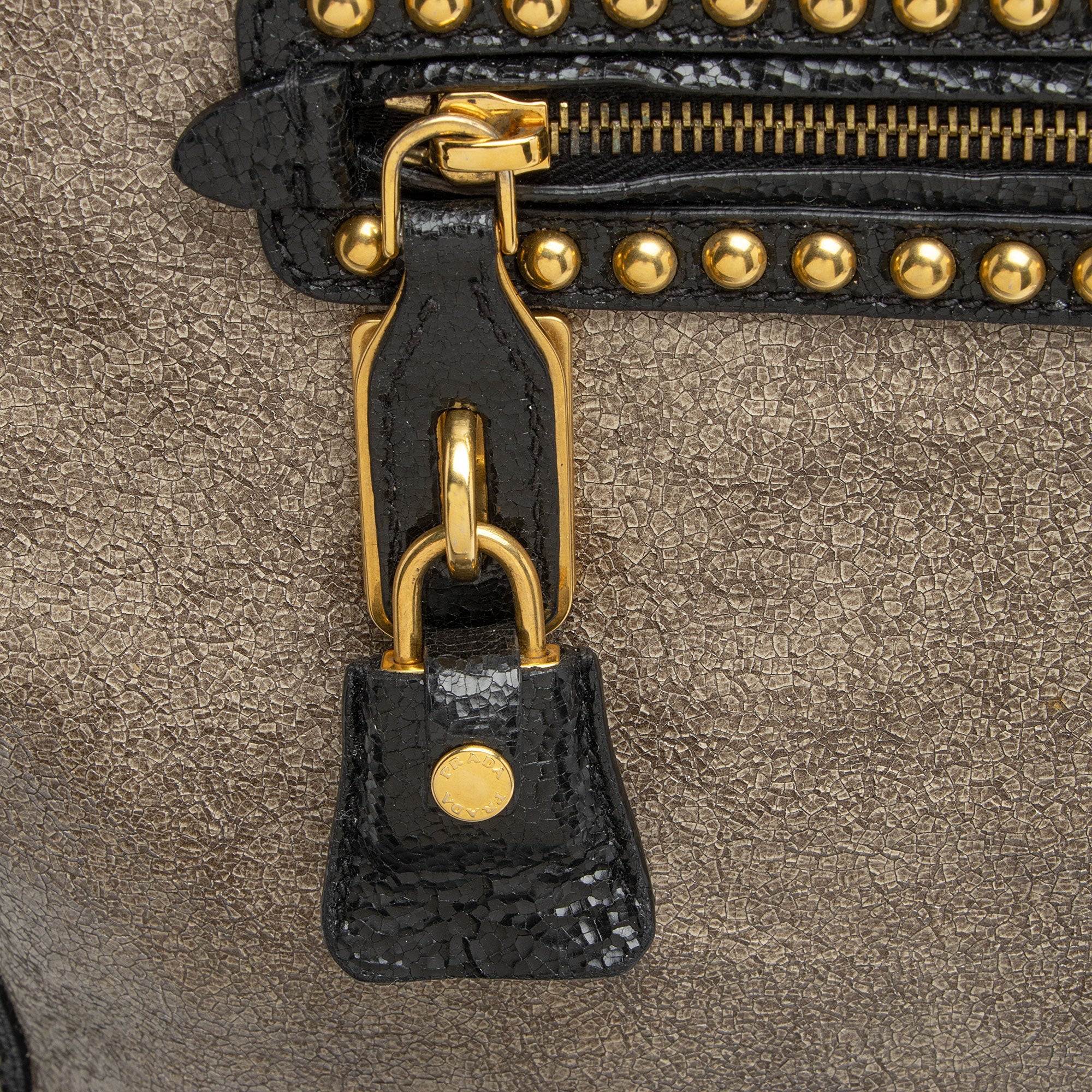 Prada Crackled Calfskin Studded Bauletto Satchel (SHF-hoMqXl)