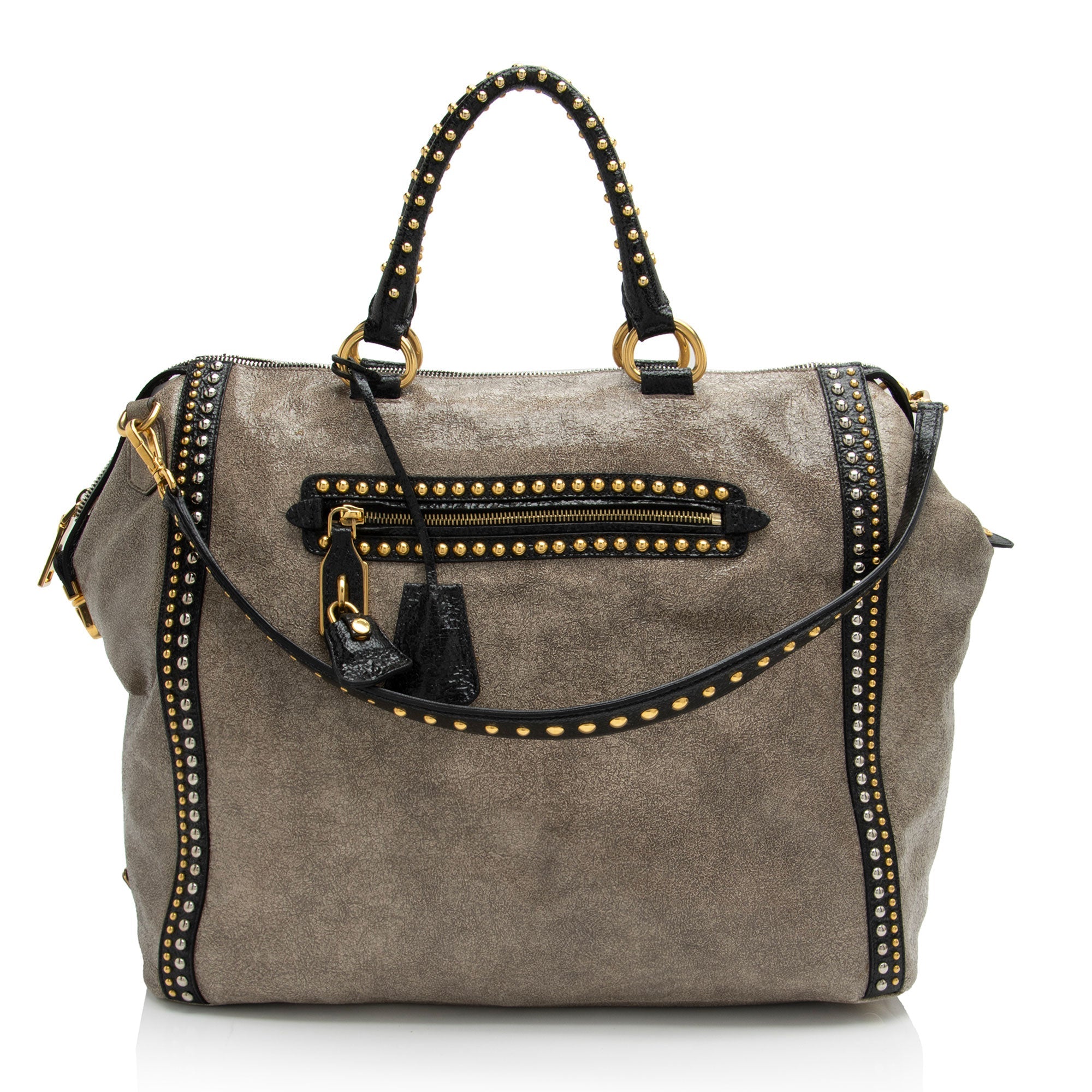 Prada Crackled Calfskin Studded Bauletto Satchel (SHF-hoMqXl)
