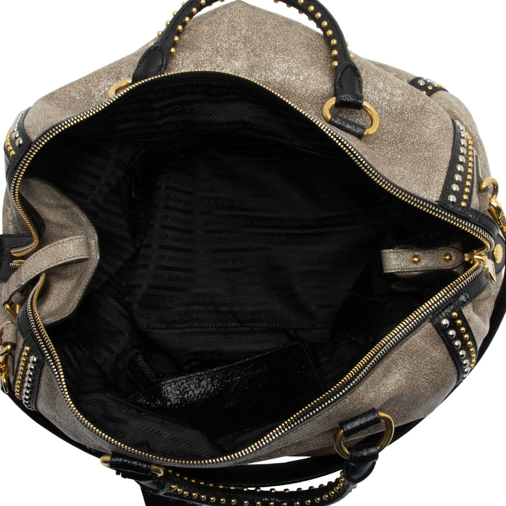 Prada Crackled Calfskin Studded Bauletto Satchel (SHF-hoMqXl)