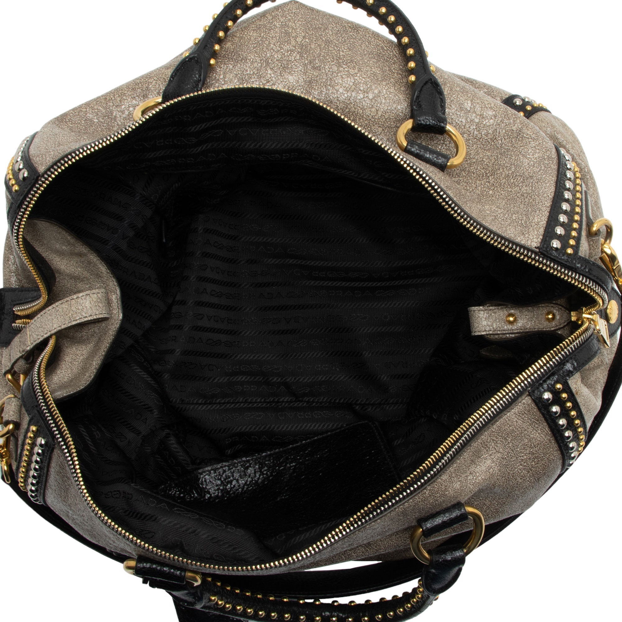Prada Crackled Calfskin Studded Bauletto Satchel (SHF-hoMqXl)