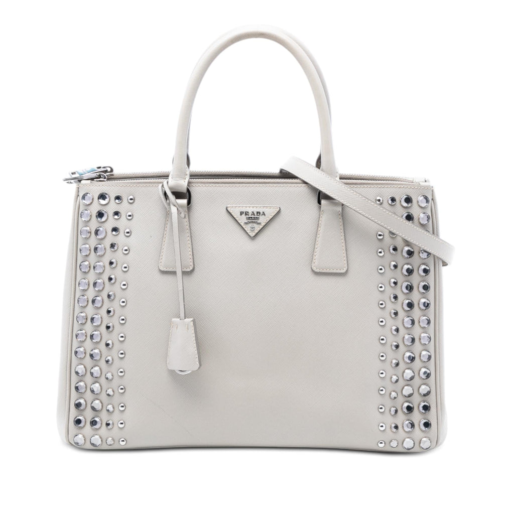 Prada Medium Saffiano Lux Studded Crystal Galleria Double Zip Satchel