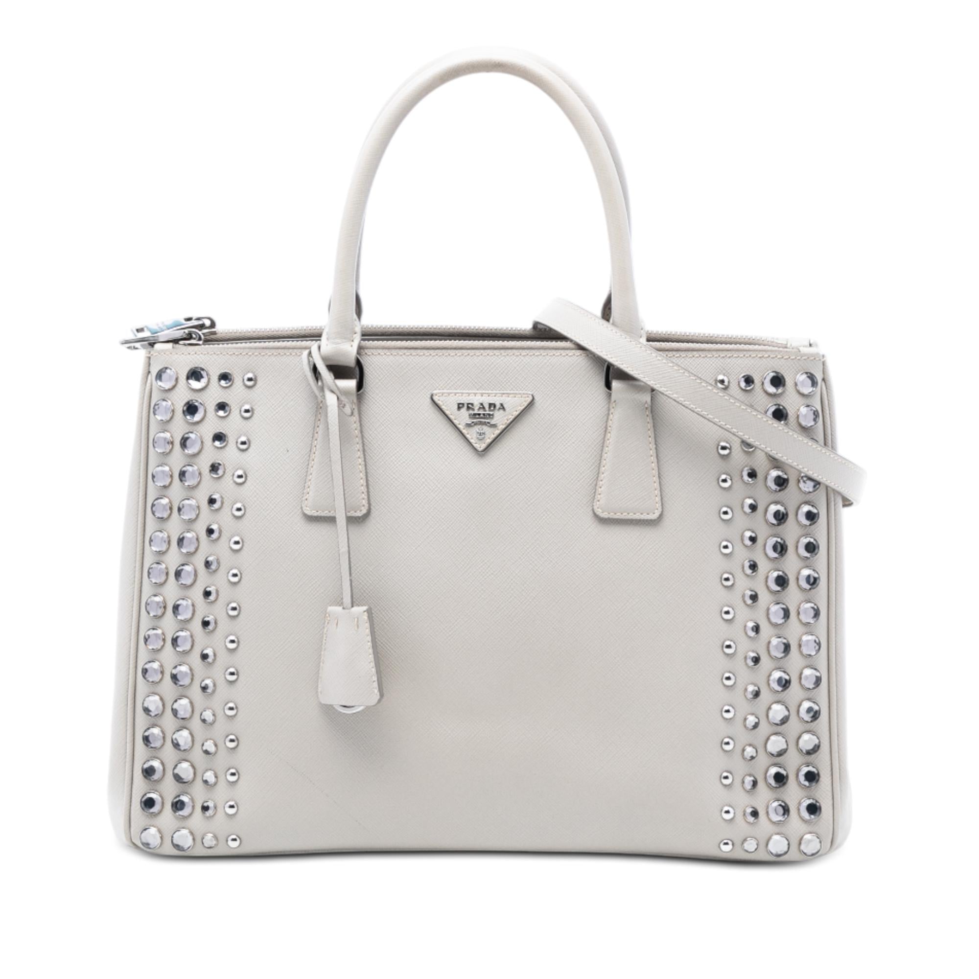 Prada Medium Saffiano Lux Studded Crystal Galleria Double Zip Satchel