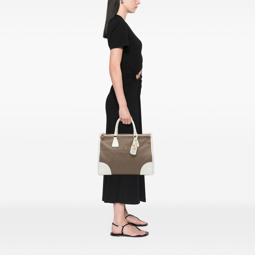 Prada Saffiano Trimmed Canvas Canapa Logo Double Zip Satchel