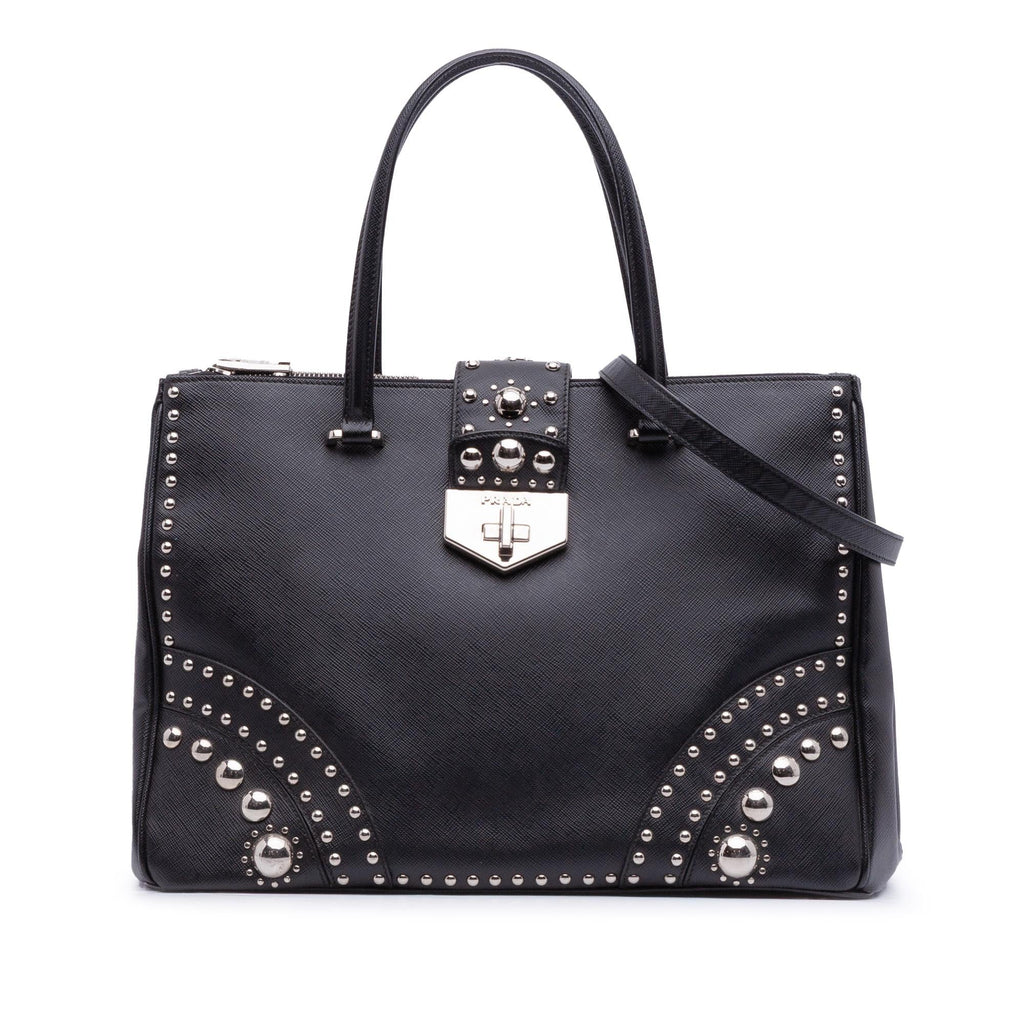 Prada Saffiano Turnlock Double Zip Studded Tote