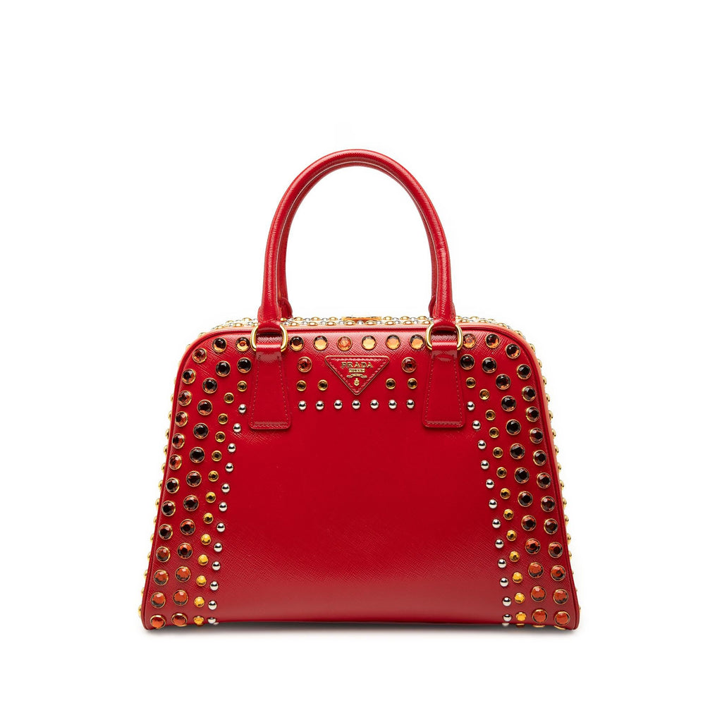 Prada Saffiano Vernice Pyramid Studded Frame Bag