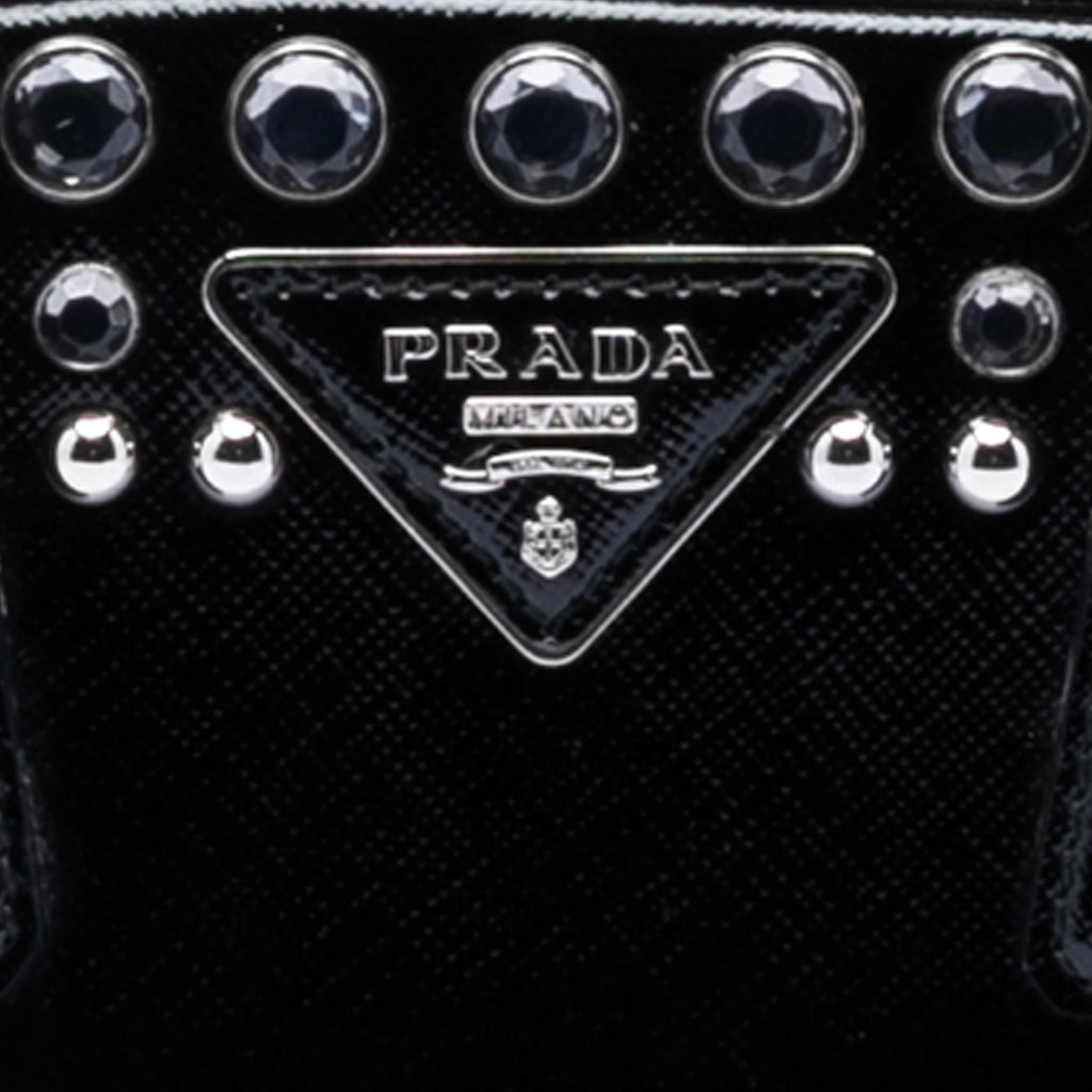 Prada Small Studded Saffiano Vernice Frame Top Handle Bag