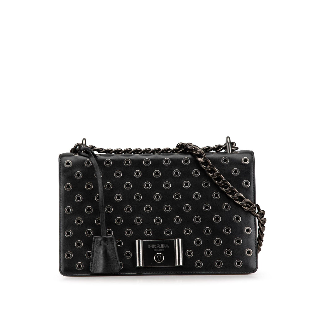 Prada Soft Calf Grommet Lock Flap Chain Shoulder Bag