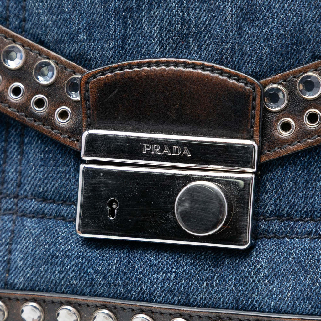 Prada Studded Denim Sound Lock Crossbody