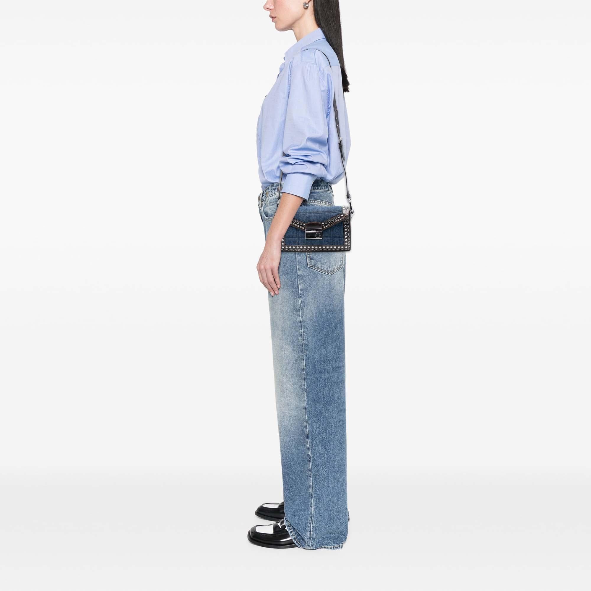 Prada Studded Denim Sound Lock Crossbody