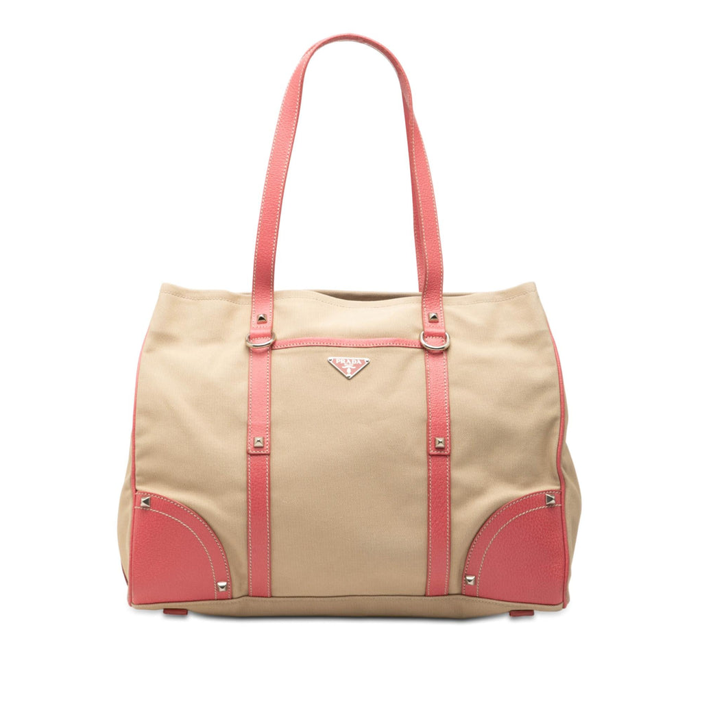Prada Studded Leather Trimmed Canvas Front Pocket Tote