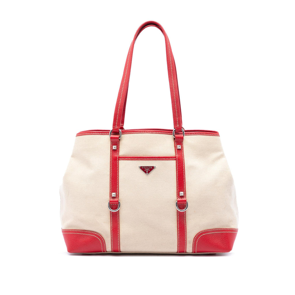 Prada Studded Leather Trimmed Canvas Front Pocket Tote