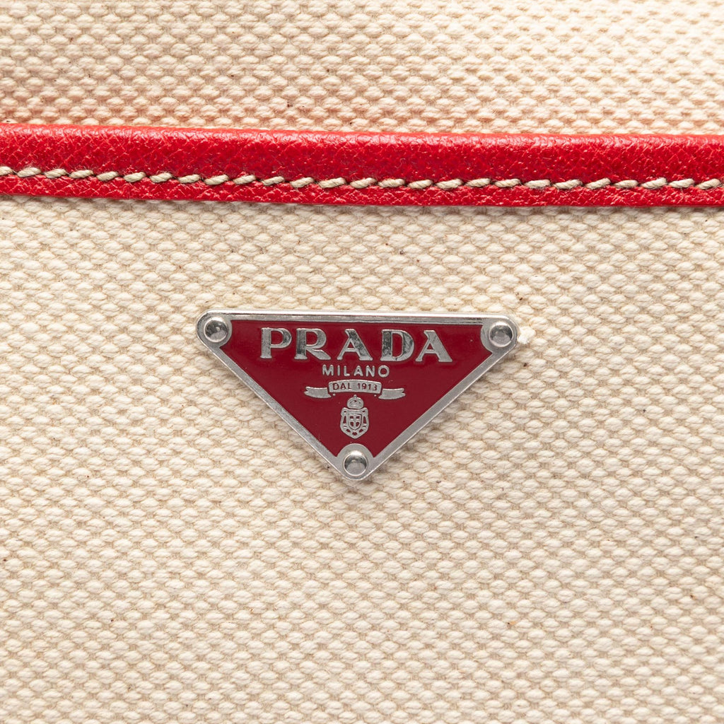 Prada Studded Leather Trimmed Canvas Front Pocket Tote