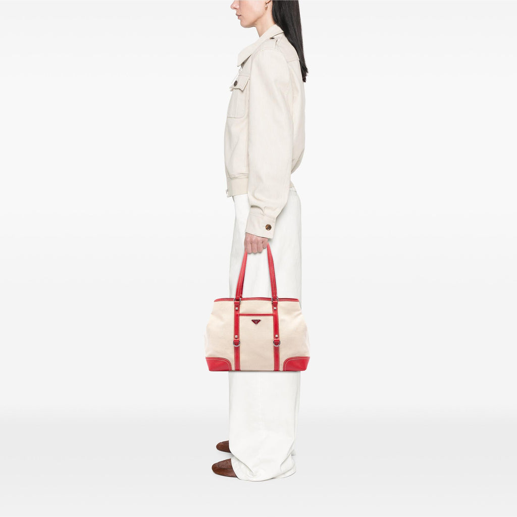Prada Studded Leather Trimmed Canvas Front Pocket Tote