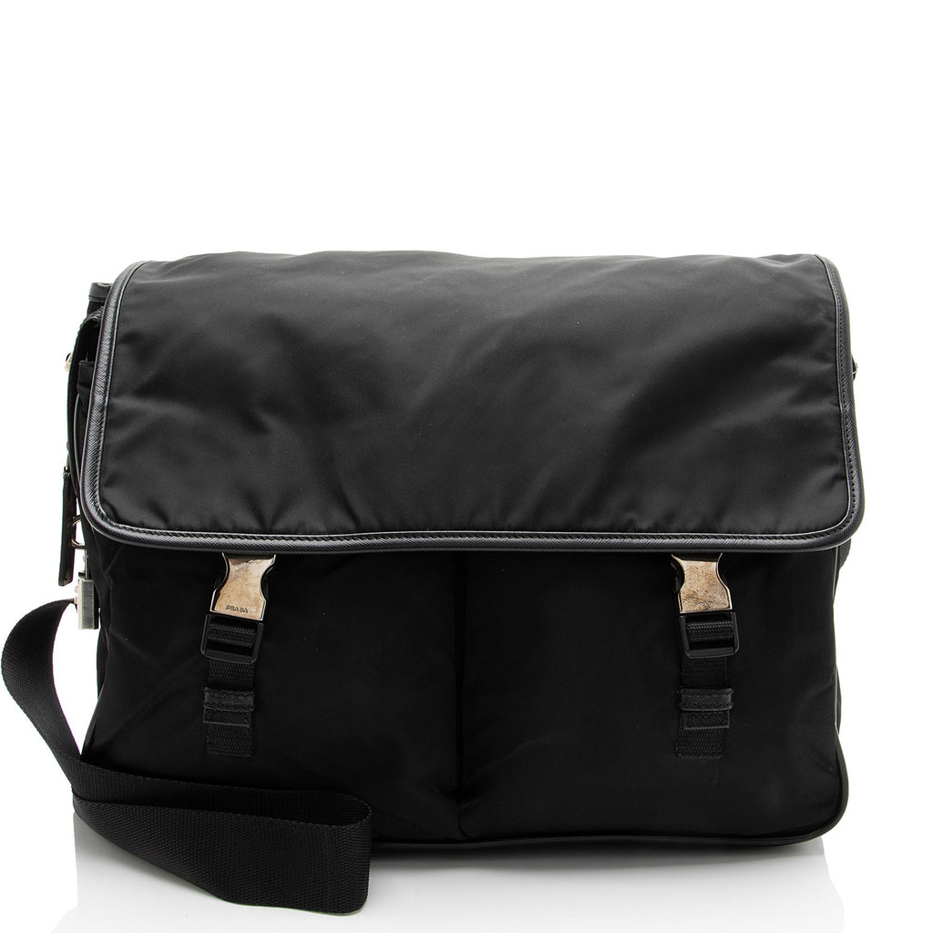 Prada Tessuto Saffiano Leather Double Buckle Messenger
