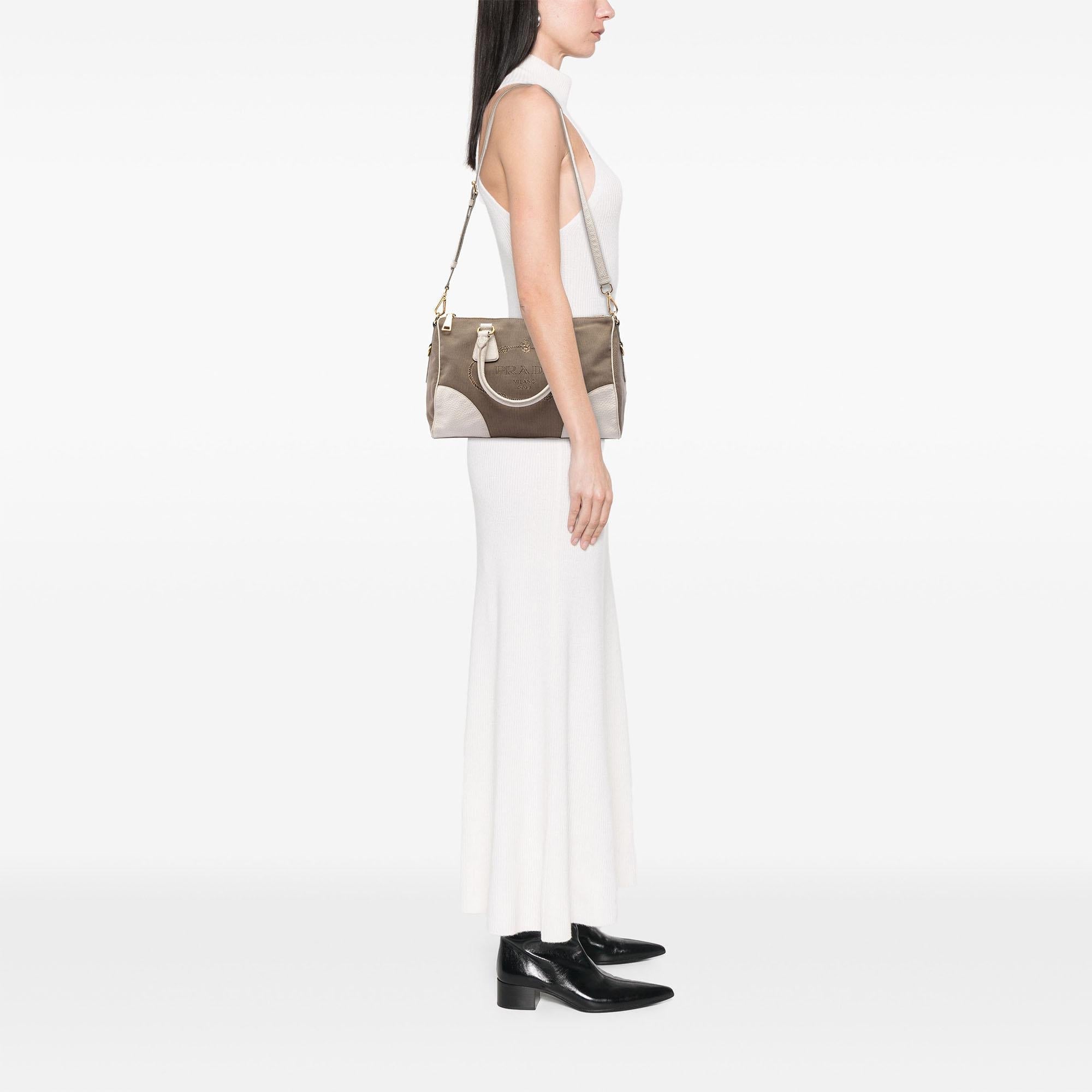 Prada Vitello Daino Trimmed Canvas Canapa Logo Satchel