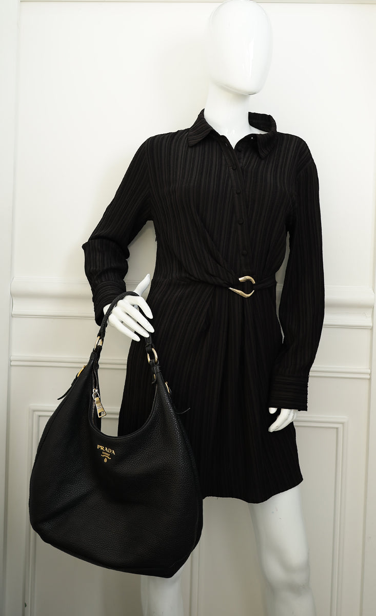 Prada Black Vitello Daino Hobo Bag