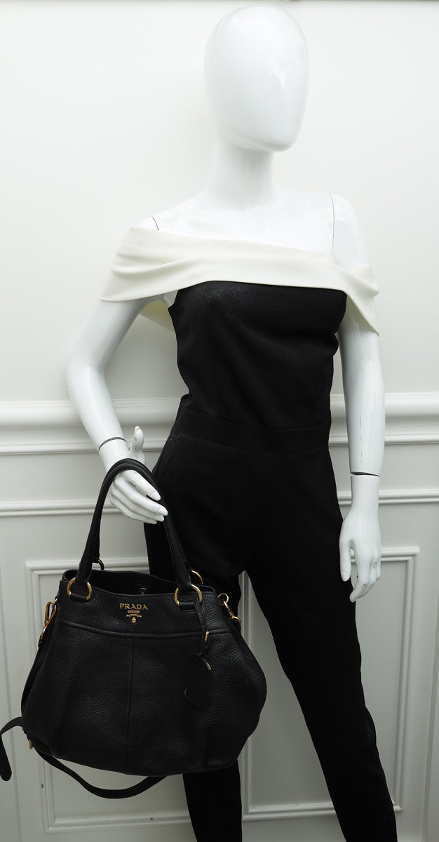 Prada Black Vitello Daino Convertible Hobo Bag