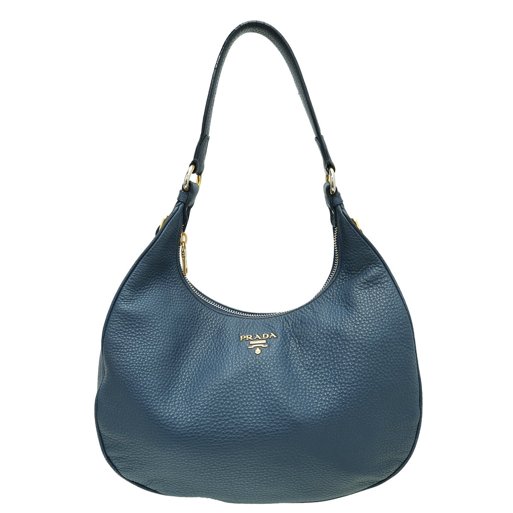 Prada Navy Blue Vitello Daino Zip Top Hobo Bag