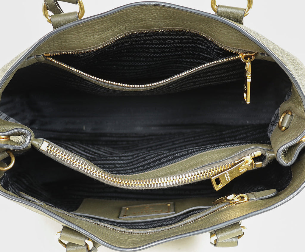 Prada Olive Green Vitello Daino Open Tote Bag