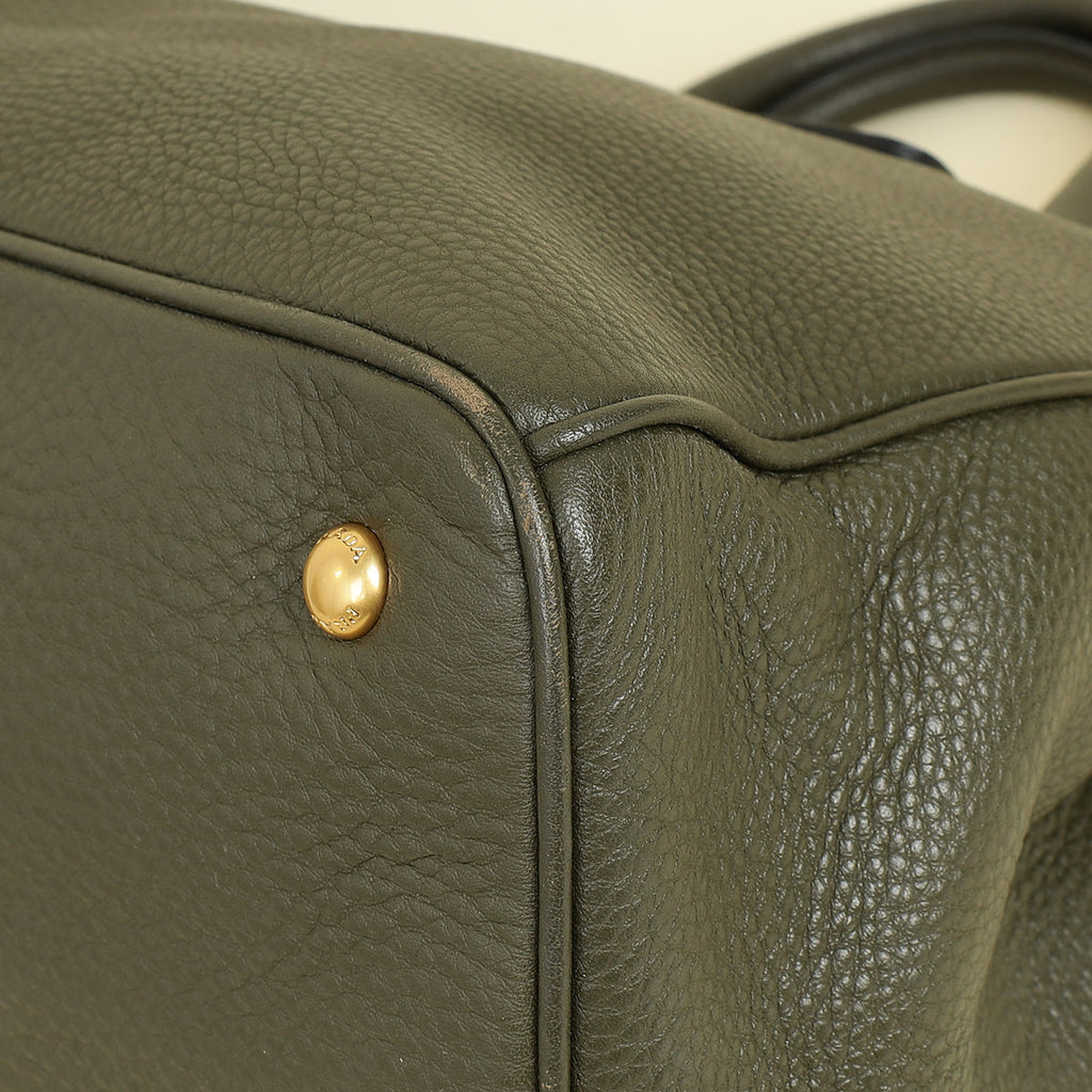 Prada Olive Green Vitello Daino Open Tote Bag