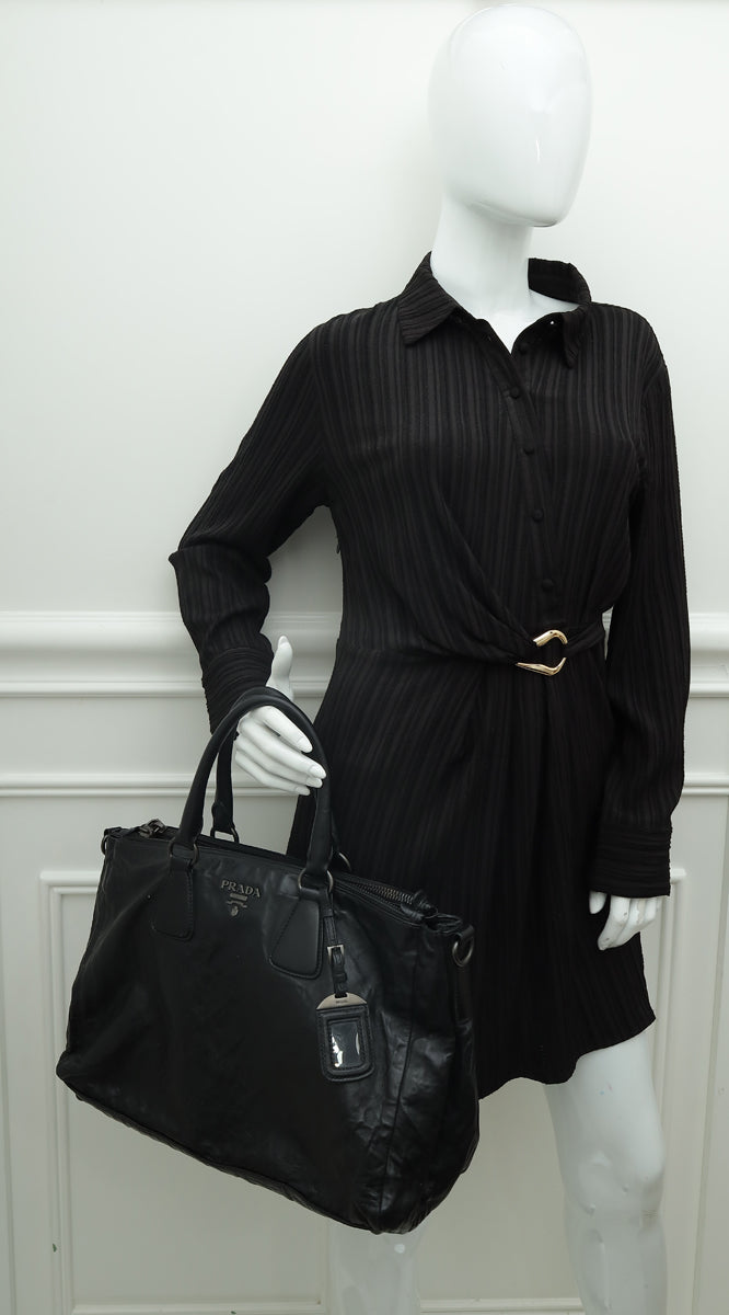 Prada Black Distressed Soft Double Zipped Tote Bag
