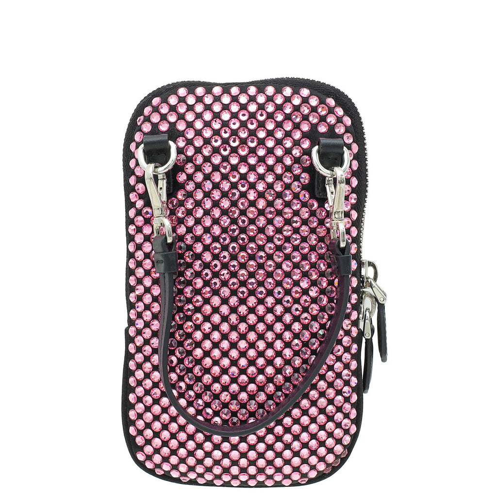 Prada Black Satin Crystal Zip Phone Case Crossbody Bag