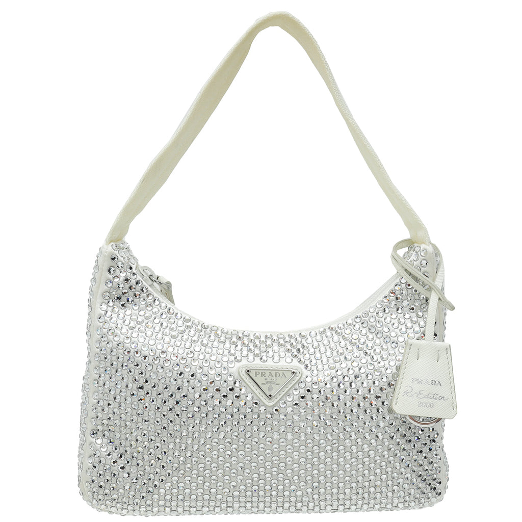 Prada Bianco White Crystal-Embellished Satin Re-Edition 2000 Mini Bag