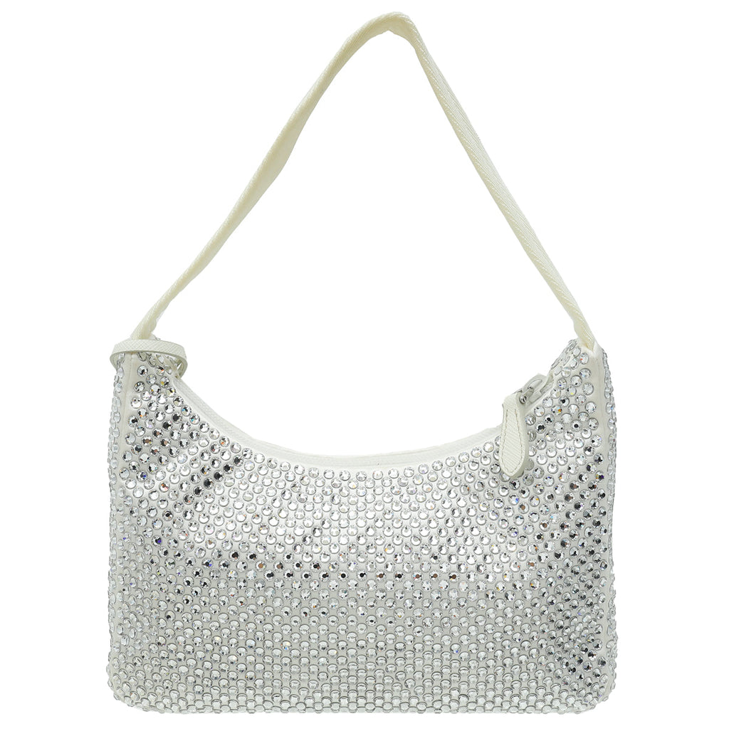 Prada Bianco White Crystal-Embellished Satin Re-Edition 2000 Mini Bag