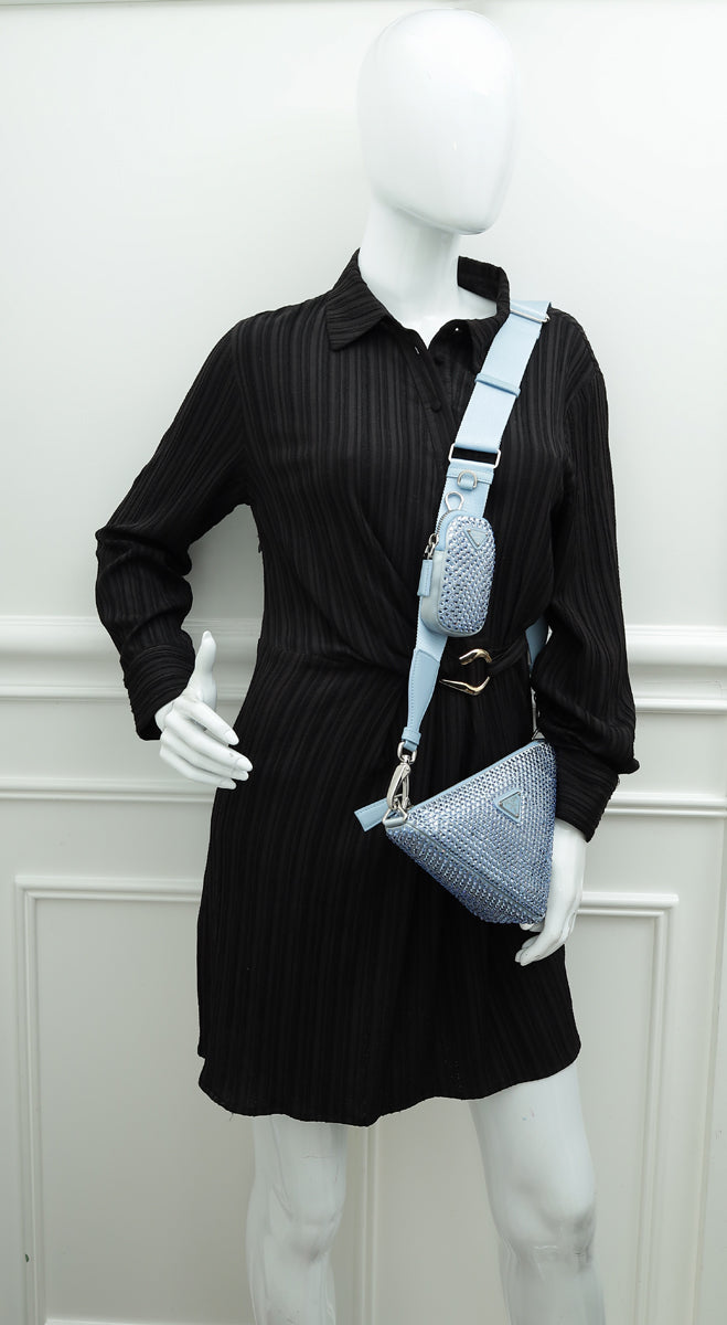 Prada Celeste Blue Triangle Studded Embellished Satin Crossbody Bag