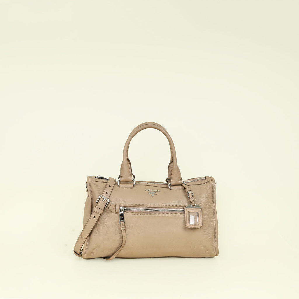 Prada Cammeo Beige Soft Vitello Phenix Bauletto Top Handle Bag